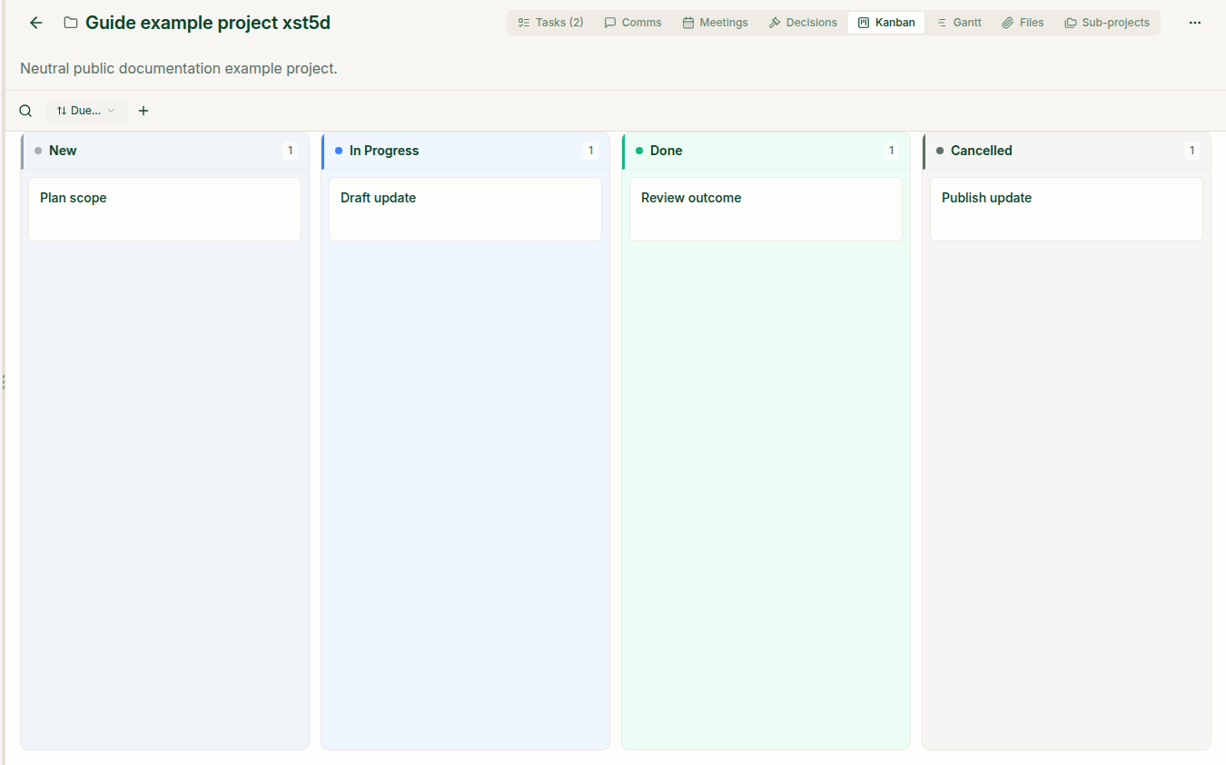 Project Kanban board with tasks grouped by status