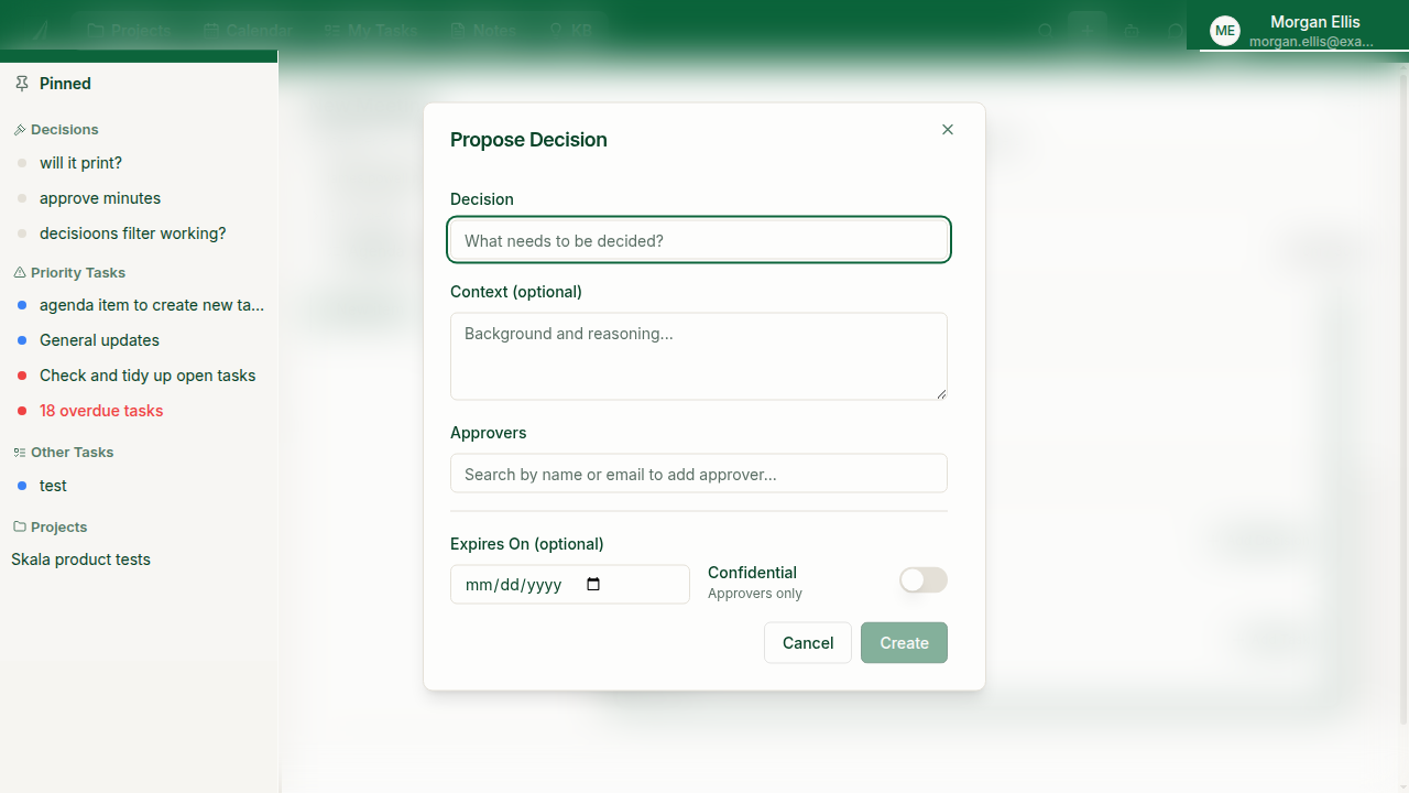 Propose Decision form with Decision, Context, Approvers, expiry and confidentiality controls