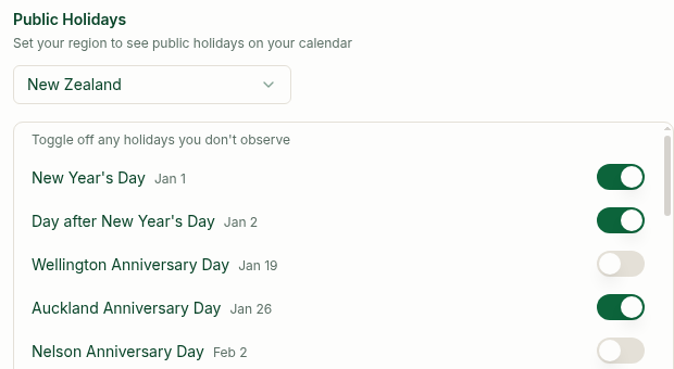 Public Holidays controls with a selected country and its holiday switches