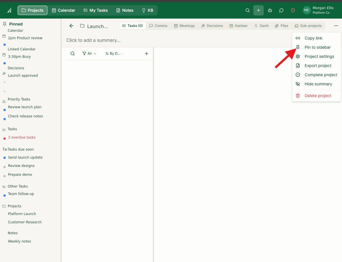 Production project menu with demo account labels and a red arrow pointing to Pin to sidebar