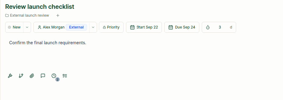 Skala task detail with an external owner, priority, dates and duration