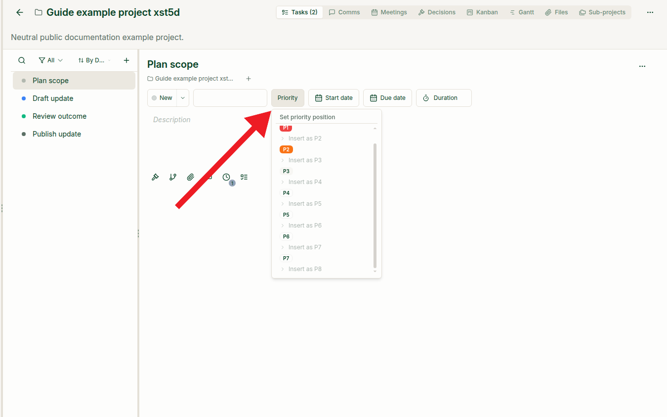 Project task with a red arrow pointing to Priority and the Set priority position menu open