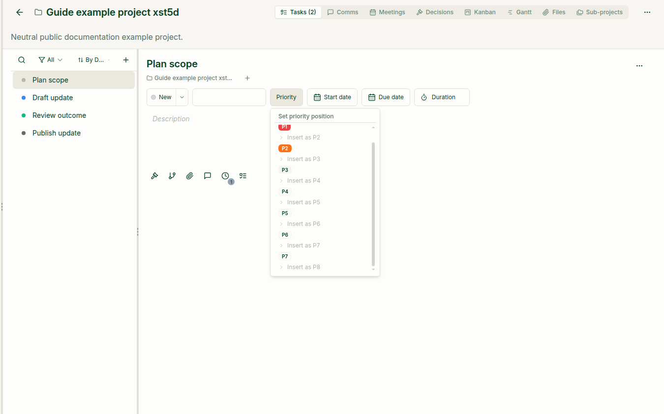 Task detail with the Set priority position menu open