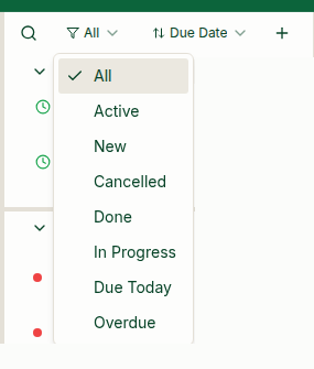 My Tasks status filter with available status and due-date choices