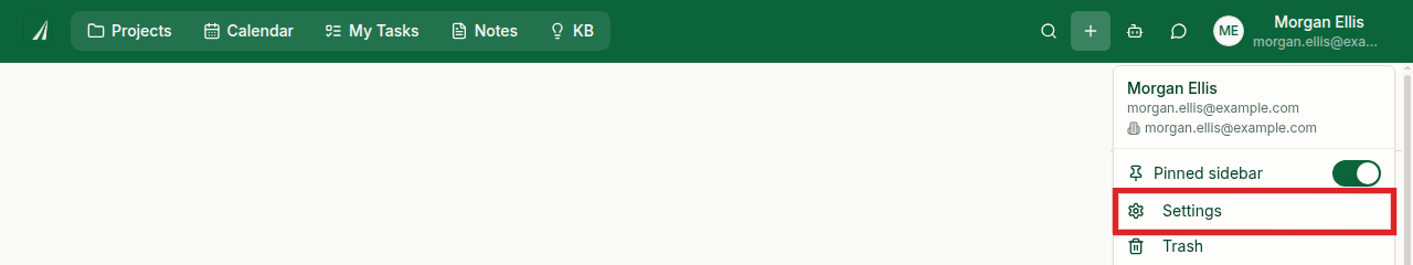 Skala user menu with Settings highlighted