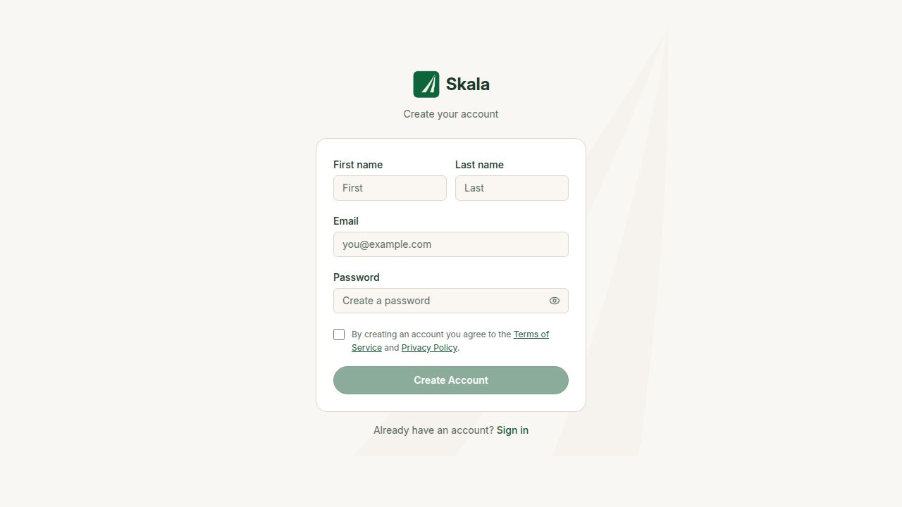 Skala production Create your account page